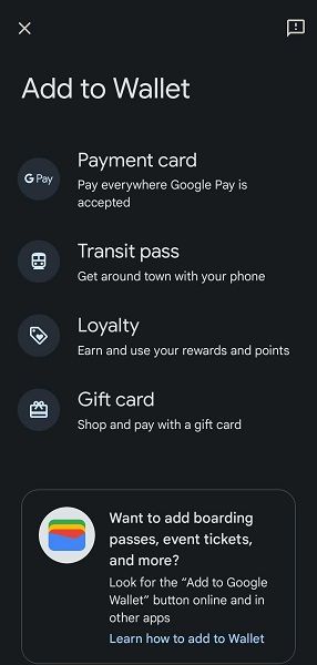 Different options within "Add to Wallet" for Google Wallet.