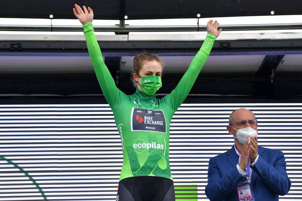 OJO GUAREA SPAIN MAY 22 Grace Brown of Australia and Team BikeExchange Green Points Jersey during the 6th Vuelta A Burgos Feminas 2021 Stage 3 a 1154km stage from Medina de Pomar to Complejo Krstico de Ojo Guarea 768m VueltaBurgos BurgosFem UCIWWT on May 22 2021 in Ojo Guarea Spain Photo by Luc ClaessenGetty Images