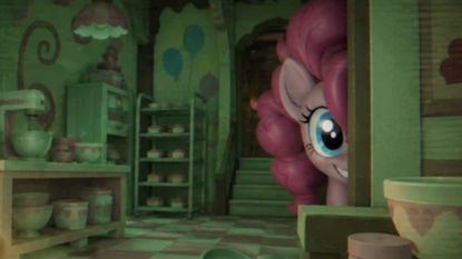 Pinkie Pie grins evilly from behind a wall in Pinkie Promise in Roblox