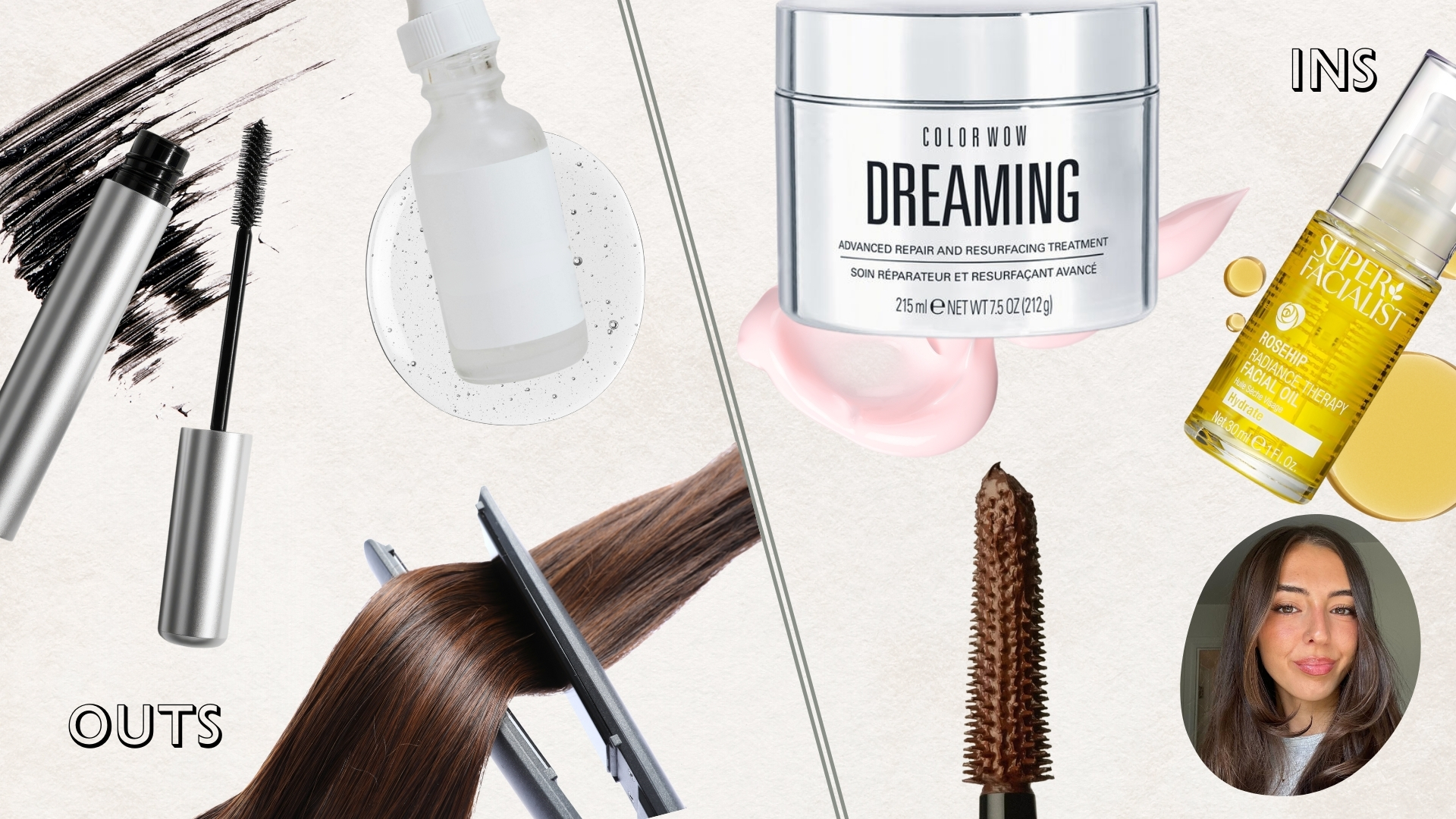 Collage of Sennen Prickett's beauty ins and outs for 2026. On the left, Sennen's outs include heated hair styling, black mascaras and hydrating serums. On the left, Sennen's ins include hair masks, face oils and brown mascaras.