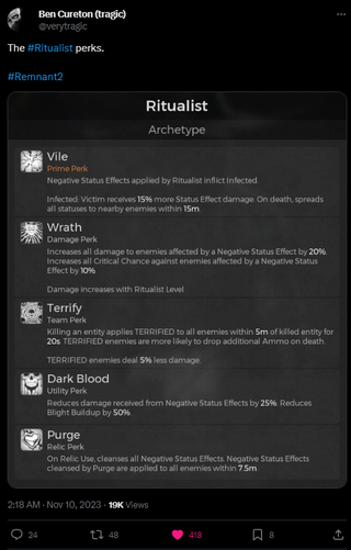 A post that reads: "The #Ritualist perks. #Remnant2" followed by an image detailing each of the Ritualist's new perks.