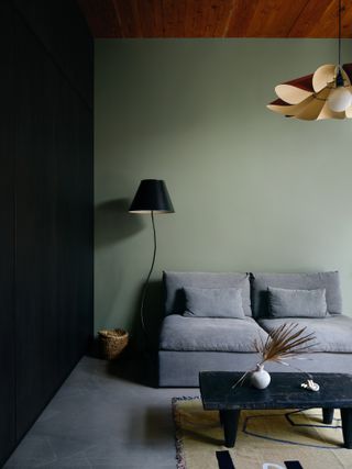 Living room with dark and pale pastel green walls, rich wood ceiling and pale blue sofa
