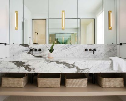 A bathroom with storage under the mirror