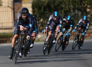 Bradley Wiggins on the front for Team Sky during he opening Team Time Trial of the 2014 Tirreno-Adriatico in which they placed 6th