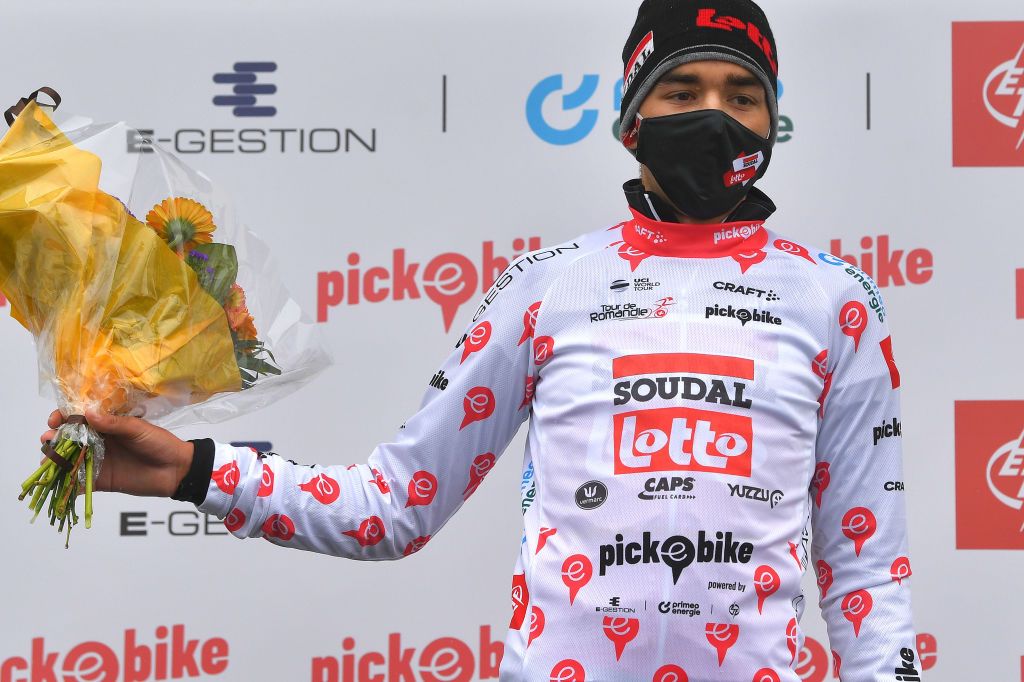 THYON 2000 LES COLLONS SWITZERLAND MAY 01 Kobe Goossens of Belgium and Team Lotto Soudal Polka Dot Mountain Jersey Celebration during the 74th Tour De Romandie 2021 Stage 4 a 1613km stage from Sion to Thyon 2000 Les Collons 2076m Mask Covid Safety Measures TDR2021 TDRnonstop UCIworldtour on May 01 2021 in Thyon 2000 Les Collons Switzerland Photo by Luc ClaessenGetty Images