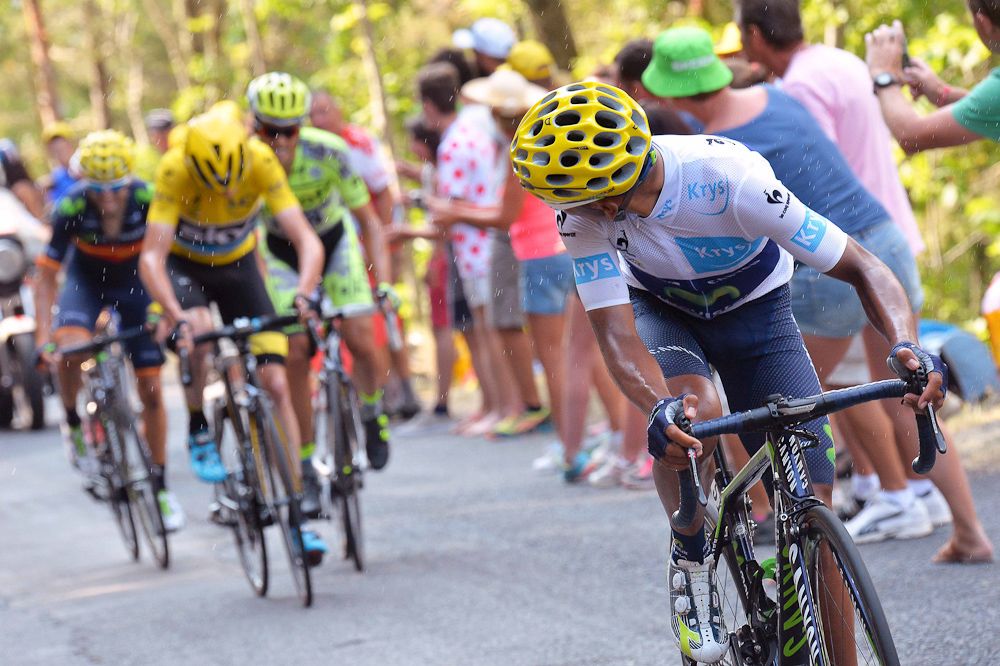 Nairo Quintana checks behind while attacking Chris Froome.