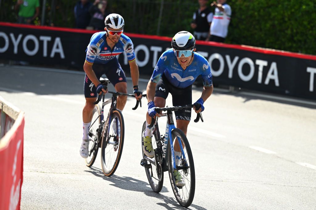 RAPOLANO TERME ITALY MAY 09 LR Julian Alaphilippe of France and Team Soudal QuickStep and Pelayo Sanchez of Spain and Movistar Team compete in the breakaway during the 107th Giro dItalia 2024 Stage 6 a 180km stage from Viareggio to Rapolano terme 322m UCIWT on May 09 2024 in Rapolano terme Italy Photo by Tim de WaeleGetty Images