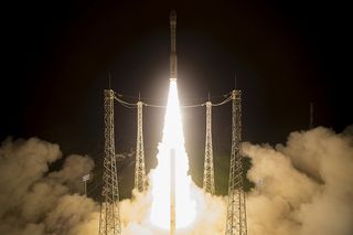 A Vega rocket lifts off from Europe’s Spaceport in French Guiana with the Sentinel-2B satellite on March 6, 2017. The launch vehicle is scheduled for another nighttime launch on July 10, 2019, when it will loft the FalconEye1 satellite into orbit. 