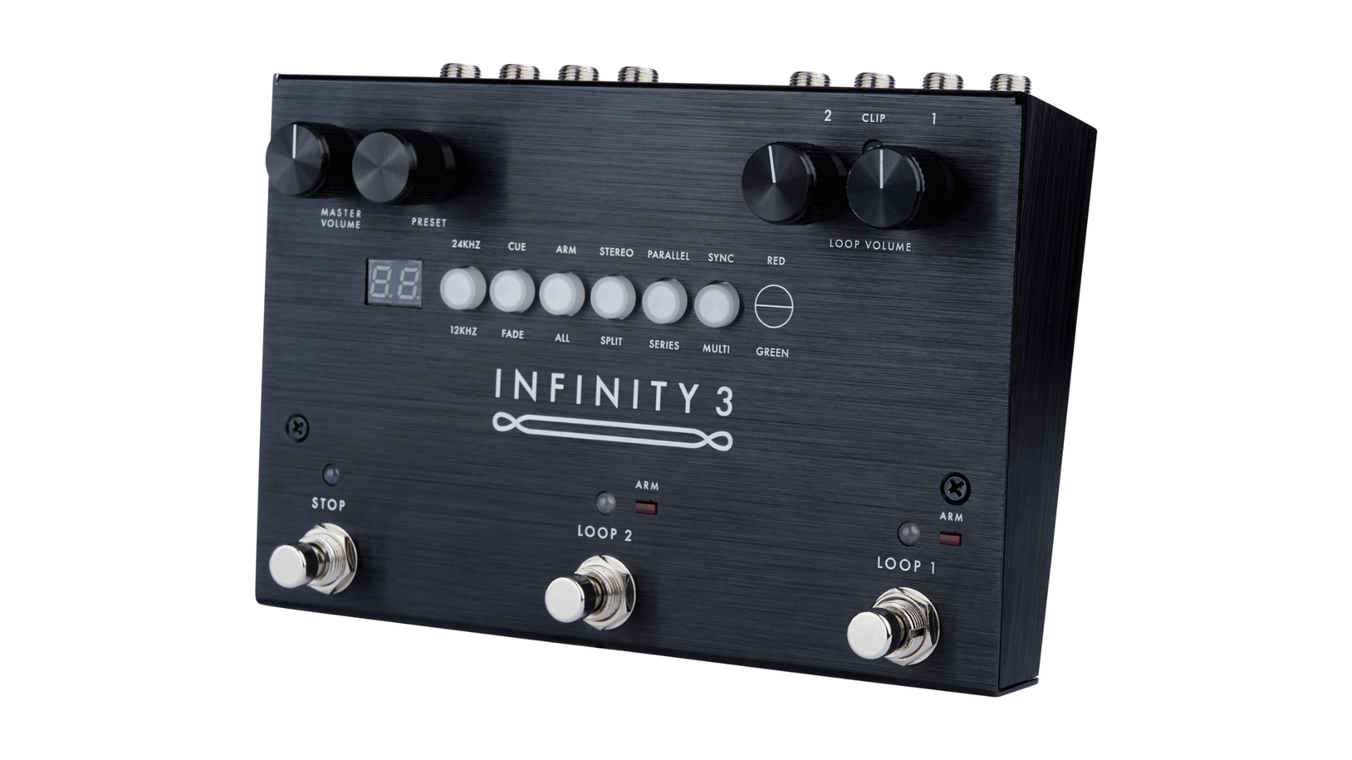 A Pigtronix Infinity 3 looper pedal at an angle on a plain white background