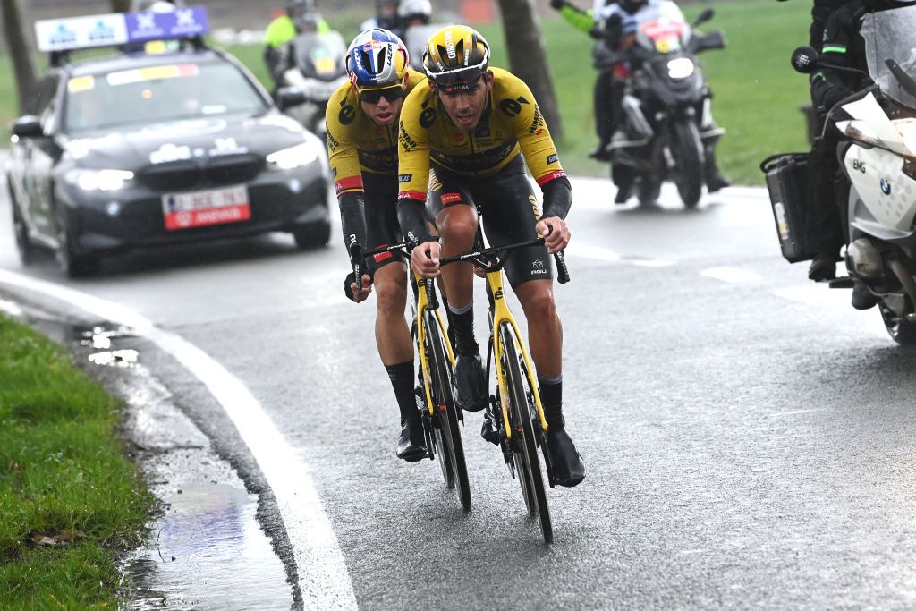 WEVELGEM BELGIUM MARCH 26 LR Wout Van Aert of Belgium and Christophe Laporte of France and Team JumboVisma compete in the breakaway during the 85th GentWevelgem in Flanders Fields 2023 Mens Elite a 2609km one day race from Ypres to Wevelgem UCIWT on March 26 2023 in Wevelgem Belgium Photo by Tim de WaeleGetty Images