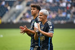 Philadelphia Union midfielder Cavan Sullivan (6) and Philadelphia Union midfielder Quinn Sullivan (33) walk out before the game between the New England Revolution and the Philadelphia Union on July 17th, 2024 at Subaru Park in Chester, Pa.