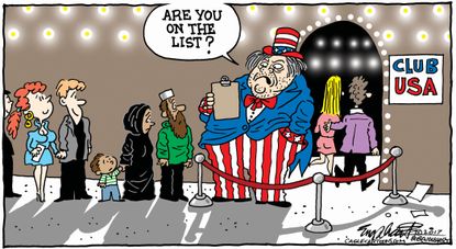 Political Cartoon U.S. Immigration Ban Steve Bannon Club USA bouncer