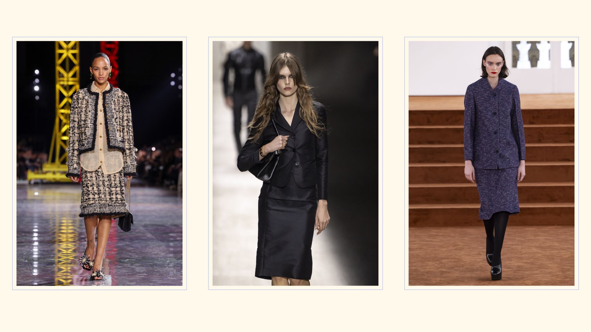 Models from Chanel, Gucci and Jil Sander for autumn/winter fashion trends 2026 Skirt Suits
