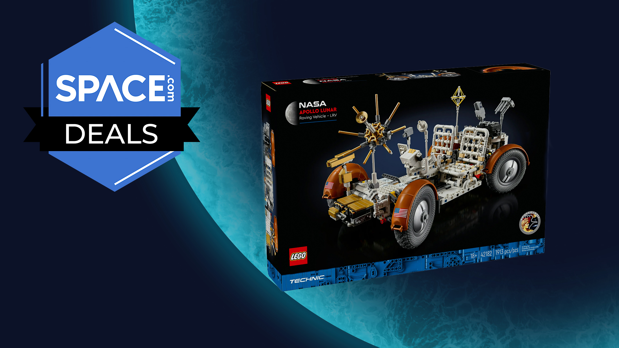 The Lego Technic NASA Apollo Lunar Roving Vehicle on a Space.com deals backdrop