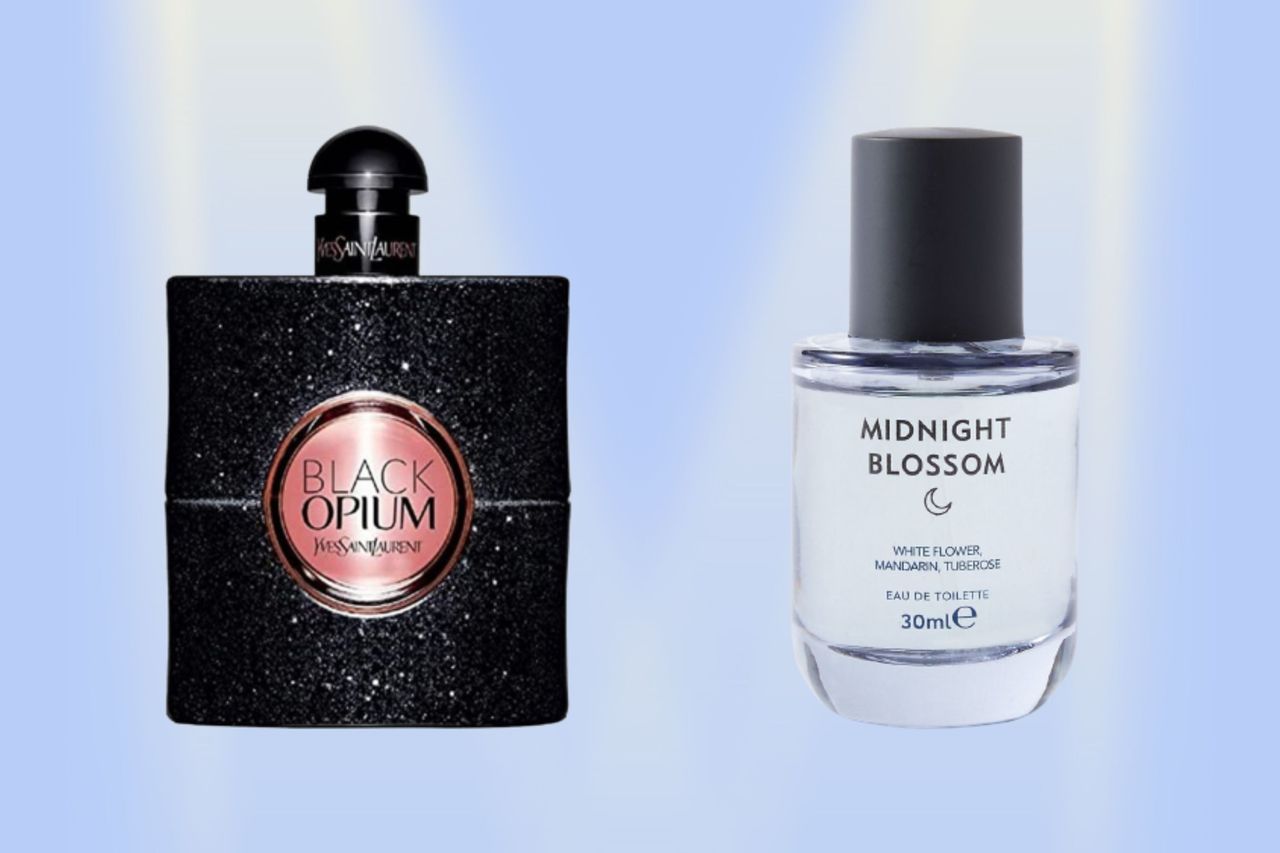 A collage of YSL Black Opium and M&amp;S Midnight Blossom