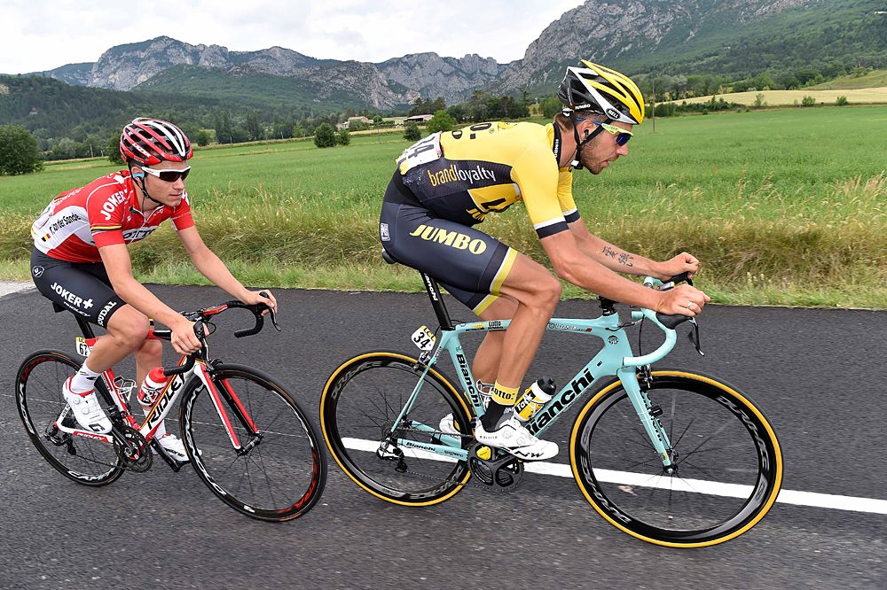 Breakaway riders Tosh Van Der Sande (Lotto Soudal) and Martijn Keizer (Team LottoNL-Jumbo)