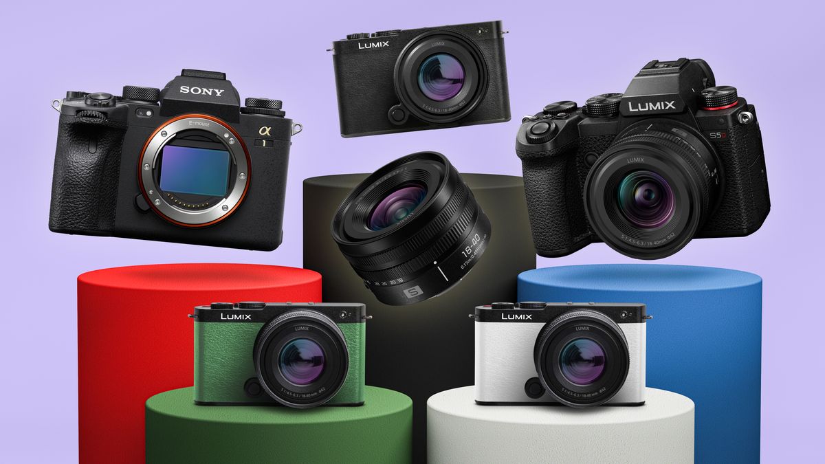 Composite image showing a selection of different colored Panasonic S9 cameras, hovering about matching-colored podiums, next to a Panasonic S5D and Sony A1