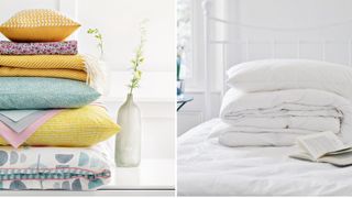 collage showing piles of bedding, blankets and cushions in a bedroom