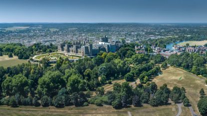 An aerial Panoramic view of the Royal Castle and town of Windsor