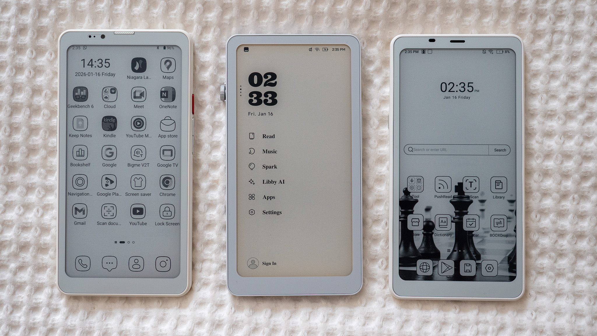 Comparing the front and default launchers of the Bigme HiBreak Pro (left), DuRoBo Krono (center), and Onyx Boox Palma (right)