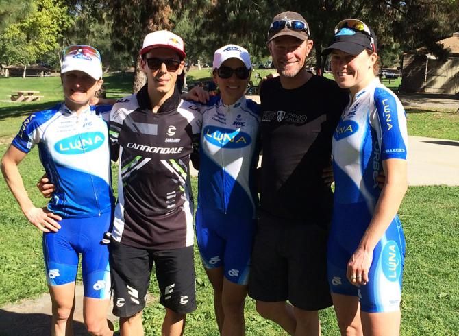 Short track winners Katerina Nash (Luna Pro Team) and Marco Aurelio Fontana (Cannondale Factory Racing) flanked by Catharine Pendrel and Georgia Gould (Luna Pro Team) and the voice of Bonelli, Larry Longo