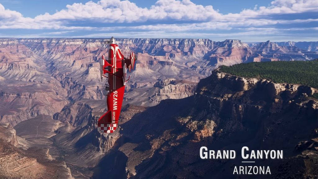 An image of a red airplane flying straight up over the Grand Canyon, taken from Microsoft Flight Simulator 2024.