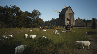 A peaceful and pastoral field with several sheep gathered, as featured in Manor Lords.