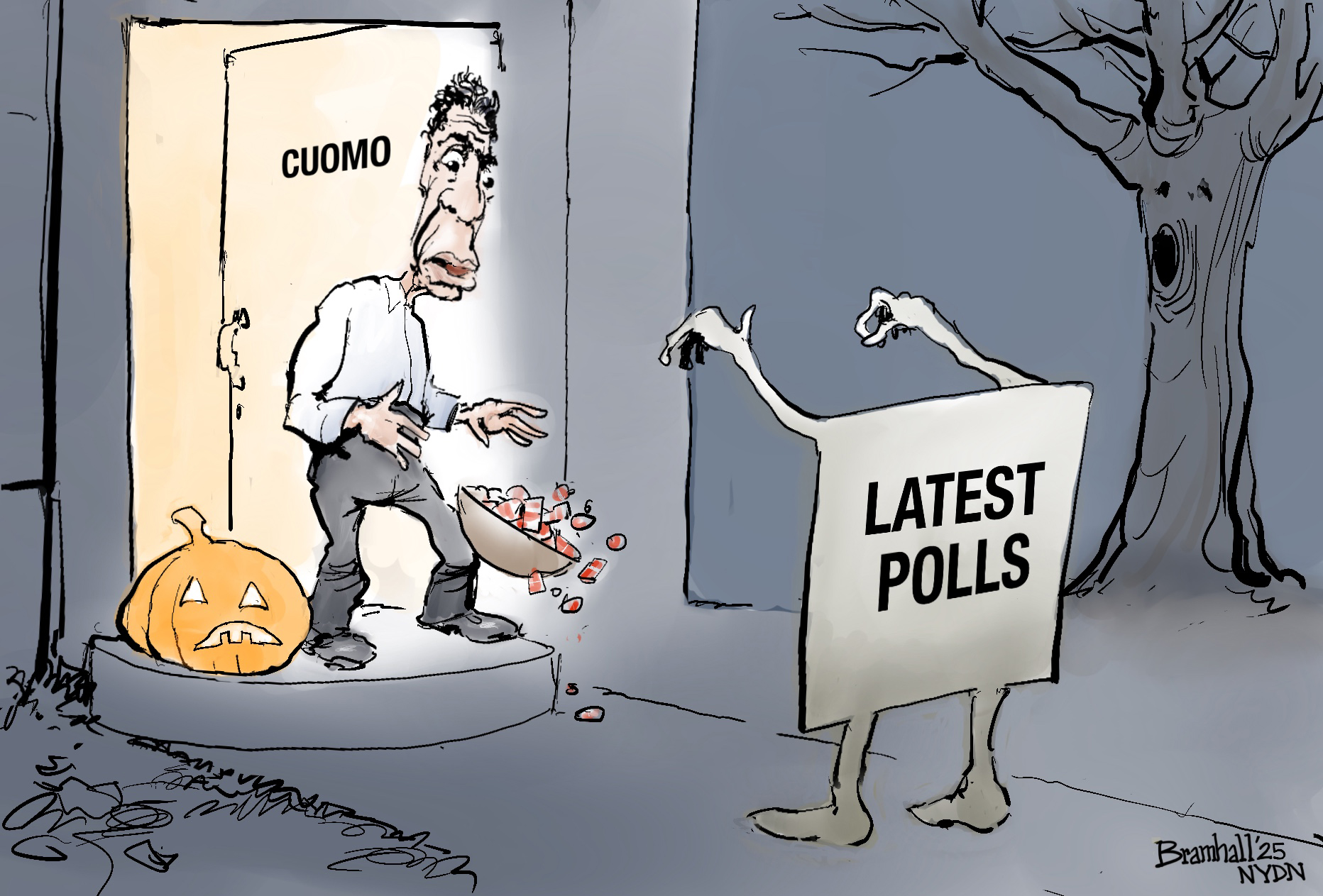 New York mayoral candidate Andew Cuomo answers the door on Halloween in this political cartoon. He’s frightened by a trick-or-treater shaped like a piece of paper with the words, “Latest polls.”
