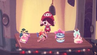 Mineko's Night Market - a young girl in a red hoodie stands in a market stall displaying several crafted items