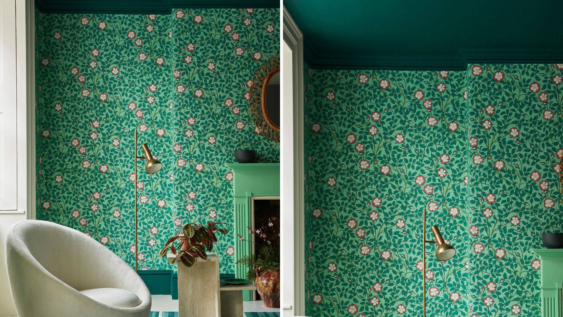 green living room with decorative green wallpaper and green painted ceiling to show the best color for ceilings