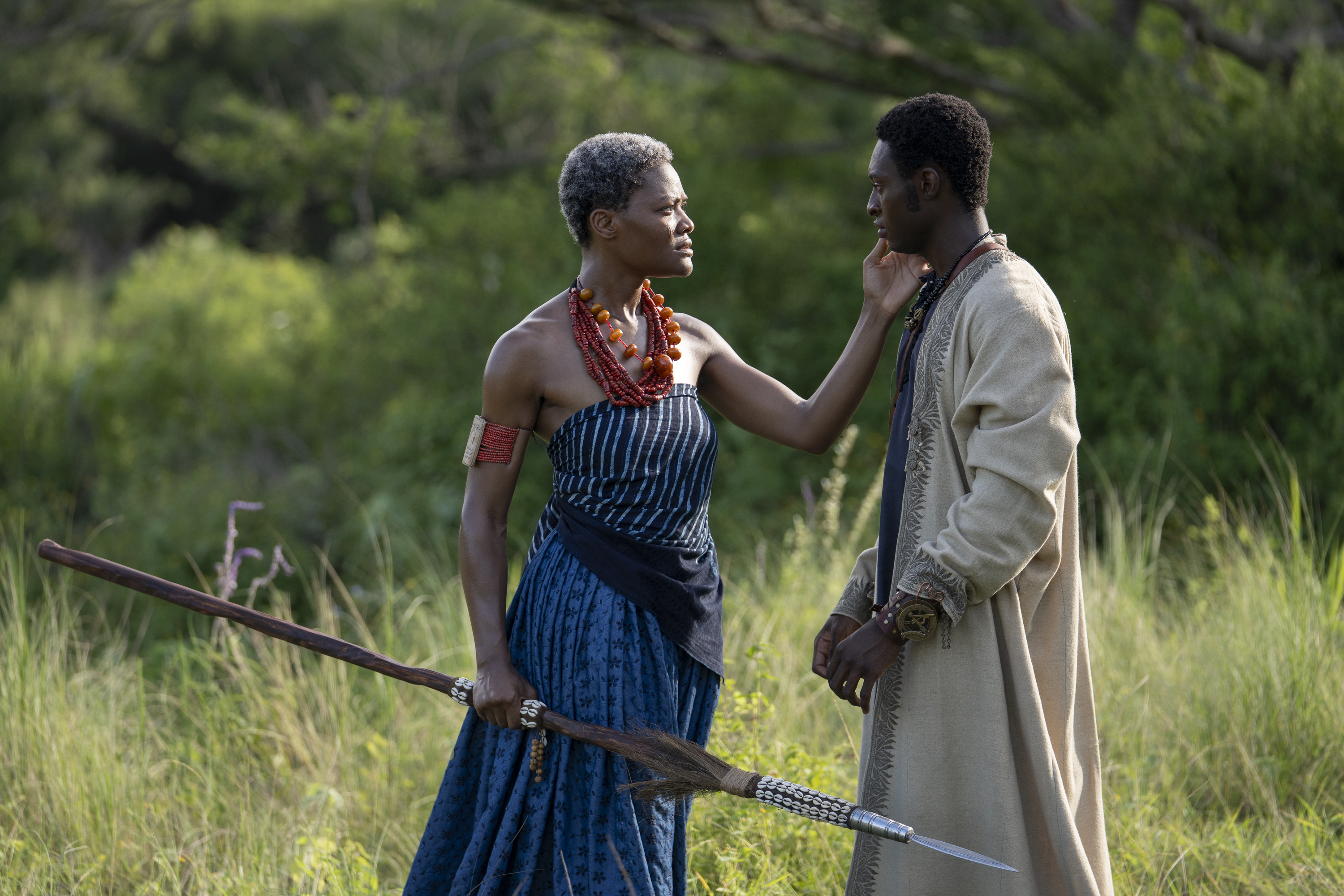 A woman in traditional African clothing holding a spear touches the face of a man as they stand in a grassy field, in 'Washington Black.'