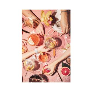 A pink wall art with cocktails, fruit, and hands in it