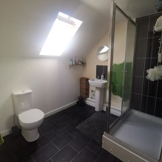 Bathroom with grey tiles, sink and mirror, shower, toilet and window.