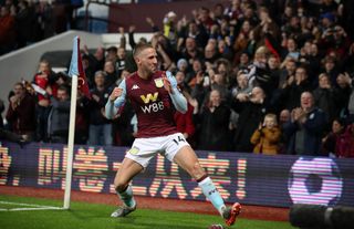 Aston Villa’s Conor Hourihane celebrates scoring his side’s first goal of the game during the Premier League match at Villa Park, Birmingham