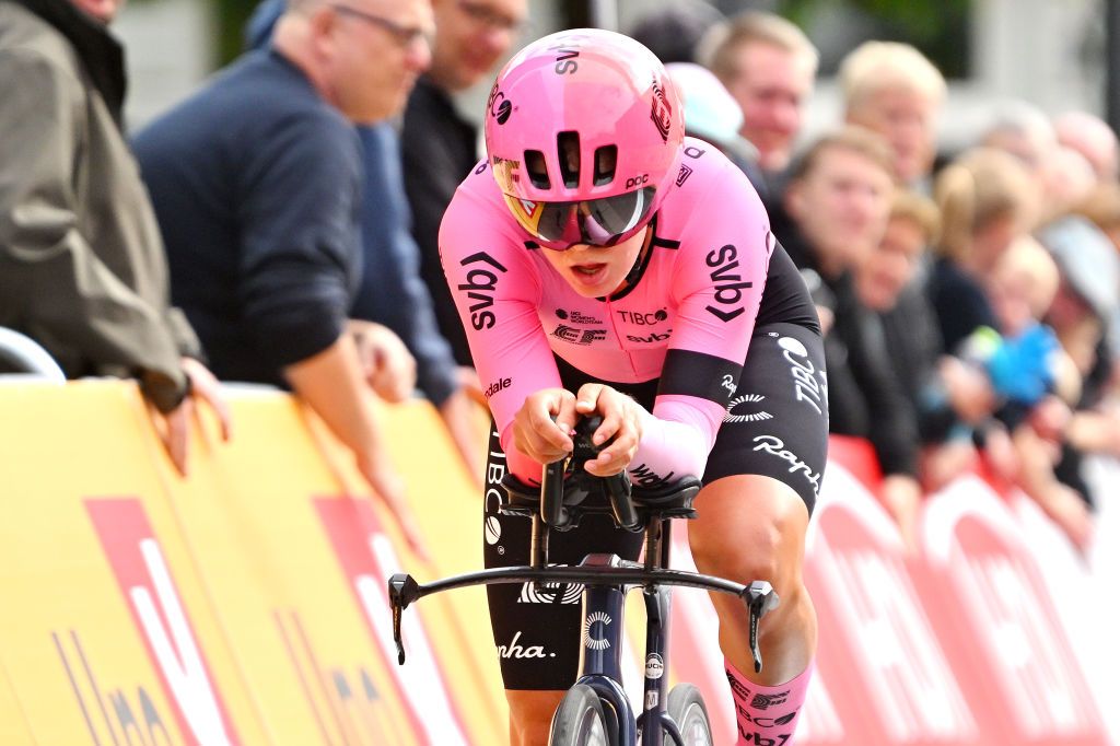 HERNING DENMARK AUGUST 26 Femke Beuling of The Netherlands and Team EF Education Tibco Svb sprints during the 9th Tour of Scandinavia 2023 Battle Of The North Stage 4 a 165km individual time trial stage from Herning to Herning UCIWWT on August 26 2023 in Herning Denmark Photo by Luc ClaessenGetty Images