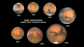 seven different images of a reddish-orange orb in different sizes with the text "mars oppositions" and dates ranging from 1995 to 2007