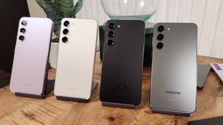 All four colors (Phantom Black, Cream, Violet, Green) on the Samsung Galaxy S23+