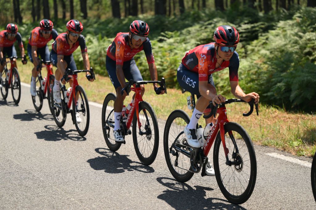 BORDEAUX FRANCE JULY 07 LR Michal Kwiatkowski of Poland Egan Bernal of Colombia and Tom Pidcock of United Kingdom and Team INEOS Grenadiers compete during the stage seven of the 110th Tour de France 2023 a 1699km stage from Mont de Marsan to Bordeaux UCIWT on July 07 2023 in Bordeaux France Photo by David RamosGetty Images