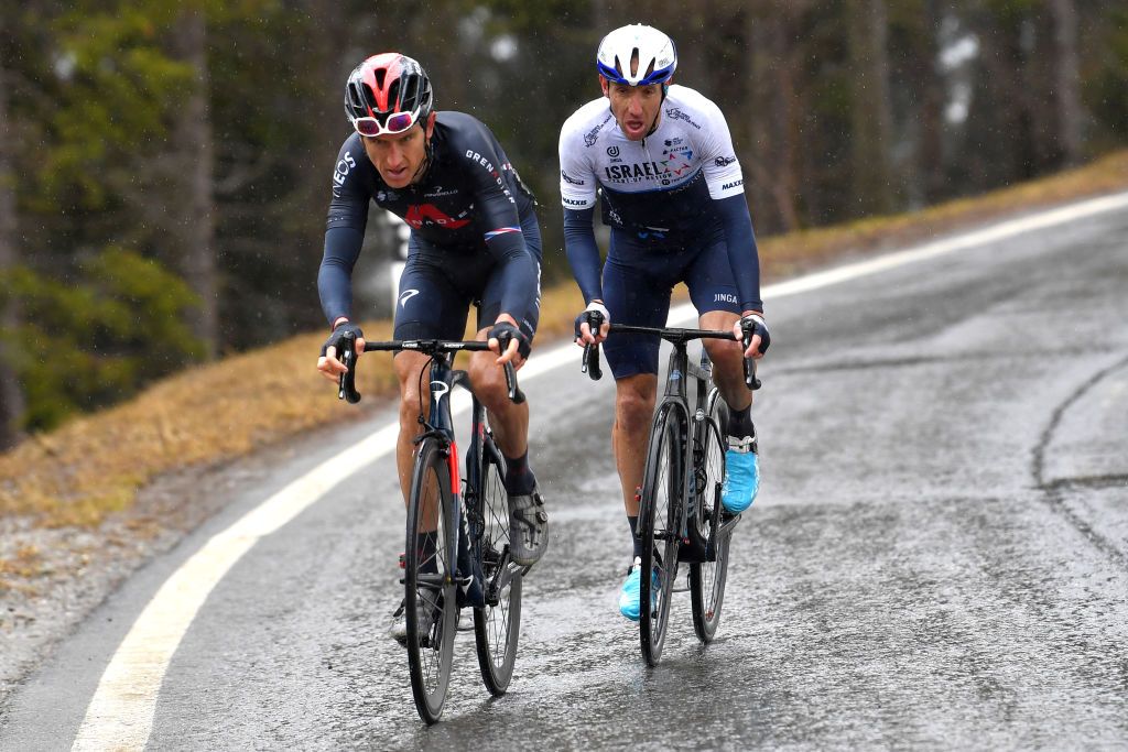 THYON 2000 LES COLLONS SWITZERLAND MAY 01 Geraint Thomas of The United Kingdom and Team INEOS Grenadiers Michael Woods of Canada and Team Israel StartUp Nation at Thyon 2076m during the 74th Tour De Romandie 2021 Stage 4 a 1613km stage from Sion to Thyon 2000 Les Collons 2076m TDR2021 TDRnonstop UCIworldtour on May 01 2021 in Thyon 2000 Les Collons Switzerland Photo by Luc ClaessenGetty Images