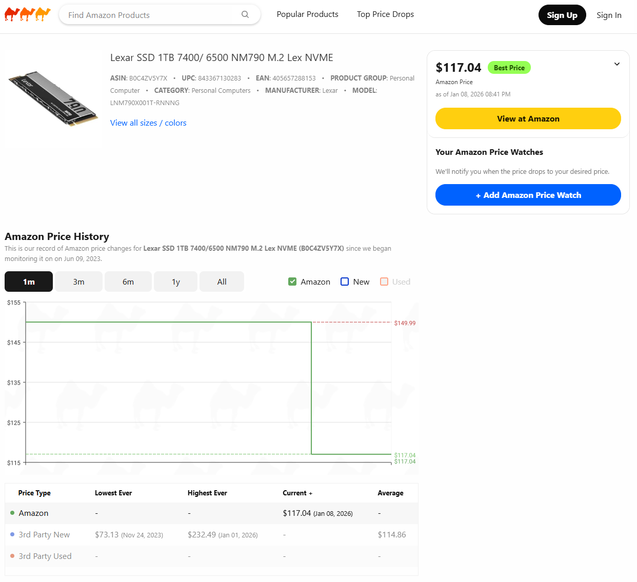 Screenshots of Amazon price tracking website CamelCamelCamel. These screenshots show massively fluctuating SSD prices between winter 2025 and the start of 2026.
