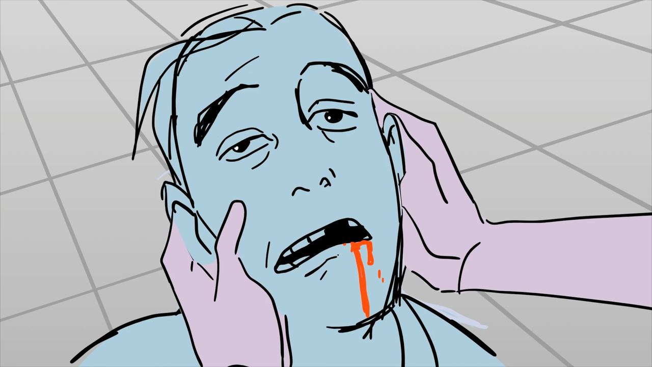 Screens of storyboards from a video game Dispatch show a man with a bleeding mouth; he's been hit