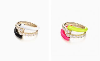 Side by side images. Yellow gold and diamonds ring with diamond stone. Left with a black and white trim and right with a pink and green trim.
