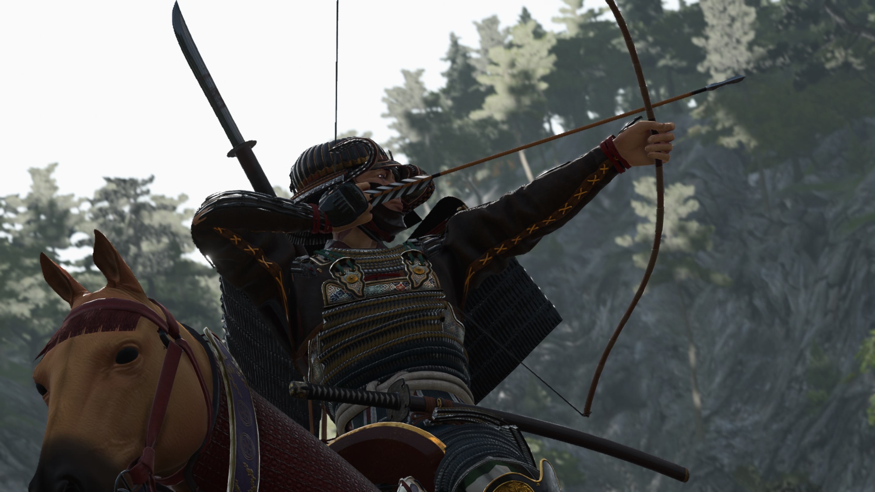 A samurai archer draws his bow on horseback, trees visible in the background.