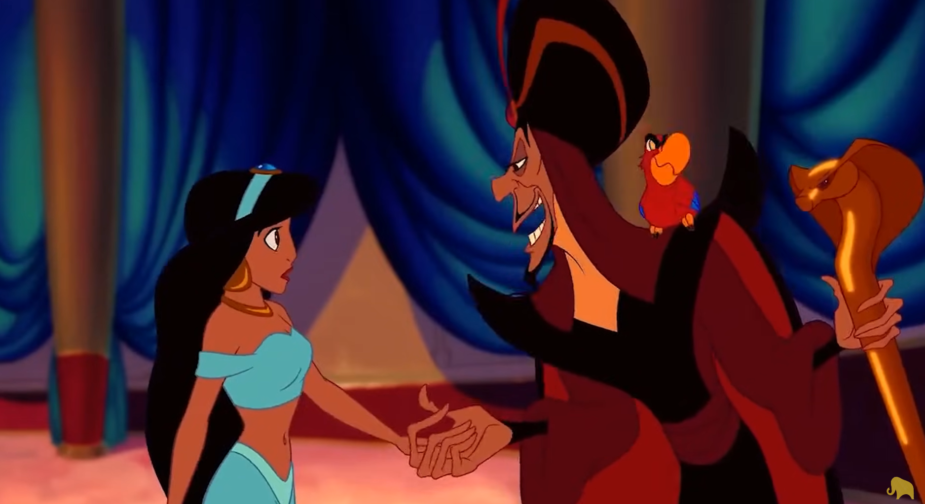 A scene from Disney's Aladdin showing turquoise and red colours