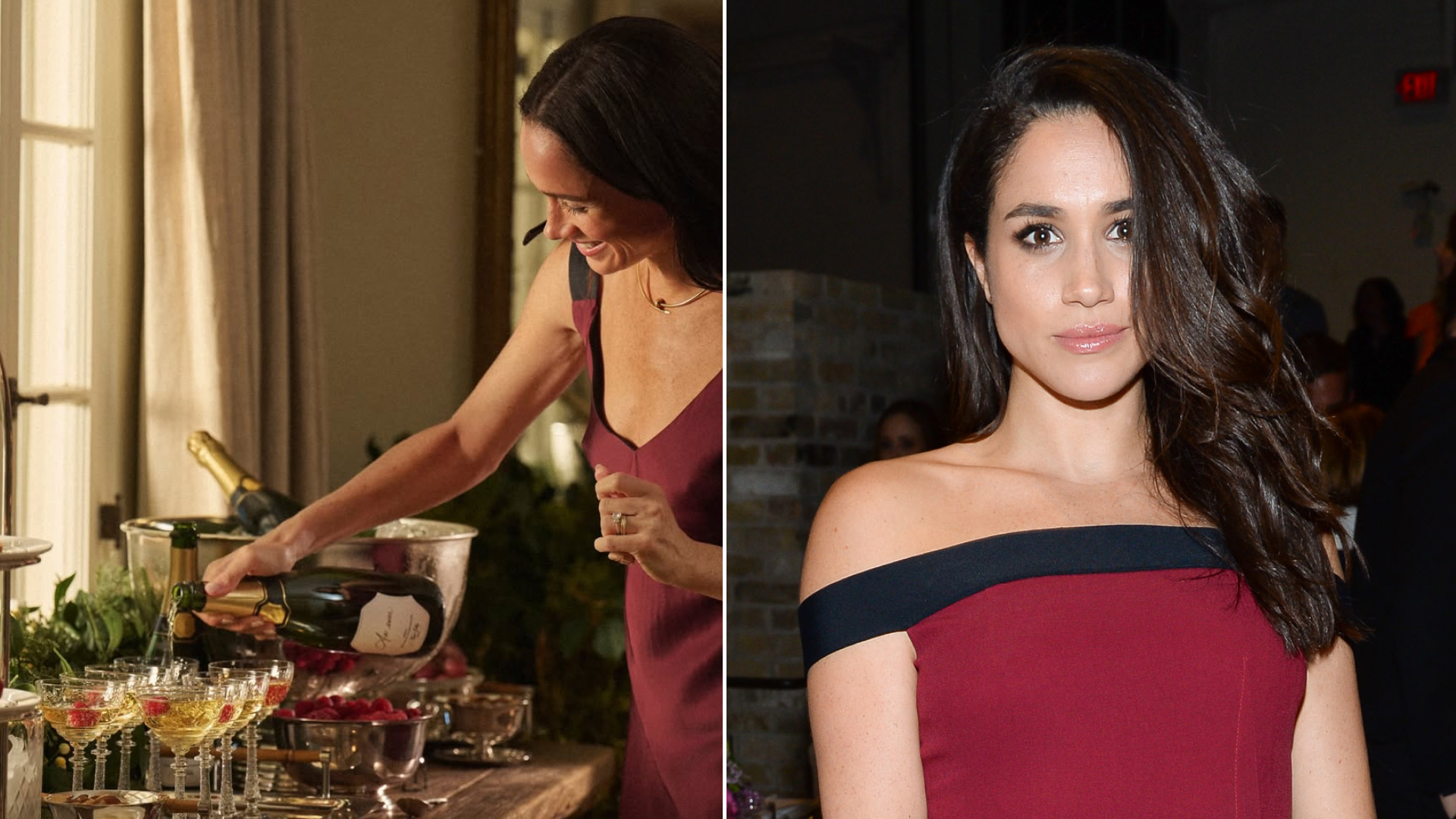 Meghan Markle wears a deep red burgundy dress with black straps and offers her take on the celeb-beloved slip dress trend in Heidi Merrick
