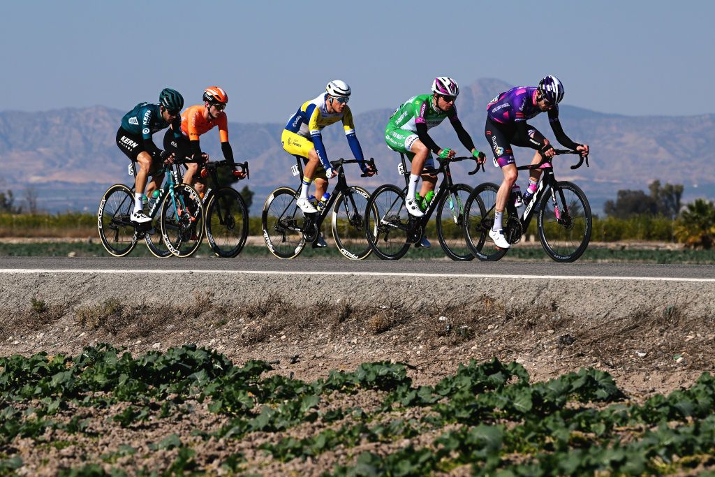 Ward Vanhoof (Team Flanders &ndash; Baloise), Riccardo Lucca (Team Green Project &ndash; Bardiani CSF &ndash; Faizan&egrave;), H&eacute;ctor Carretero (Equipo Kern Pharma), Ander Okamika (Team Burgos &ndash; BH) and Xabier Isasa (Team Euskaltel &ndash; Euskadi) in the breakaway on stage 1