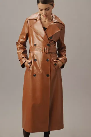 Avec Les Filles Glazed Faux-Ever Leather™ Belted Trench Coat