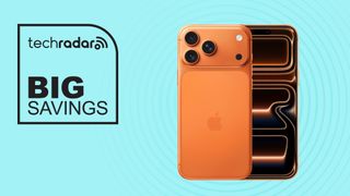 Apple iPhone 17 Pro on blue background with big savings text overlay