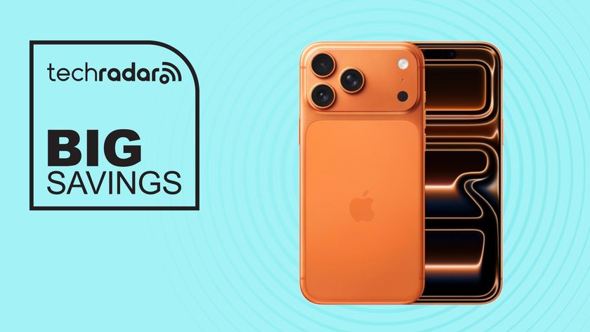 Apple iPhone 17 Pro on blue background with big savings text overlay