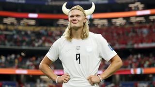 Norway's Erling Haaland wearing a Viking helmet at World Cup 2026